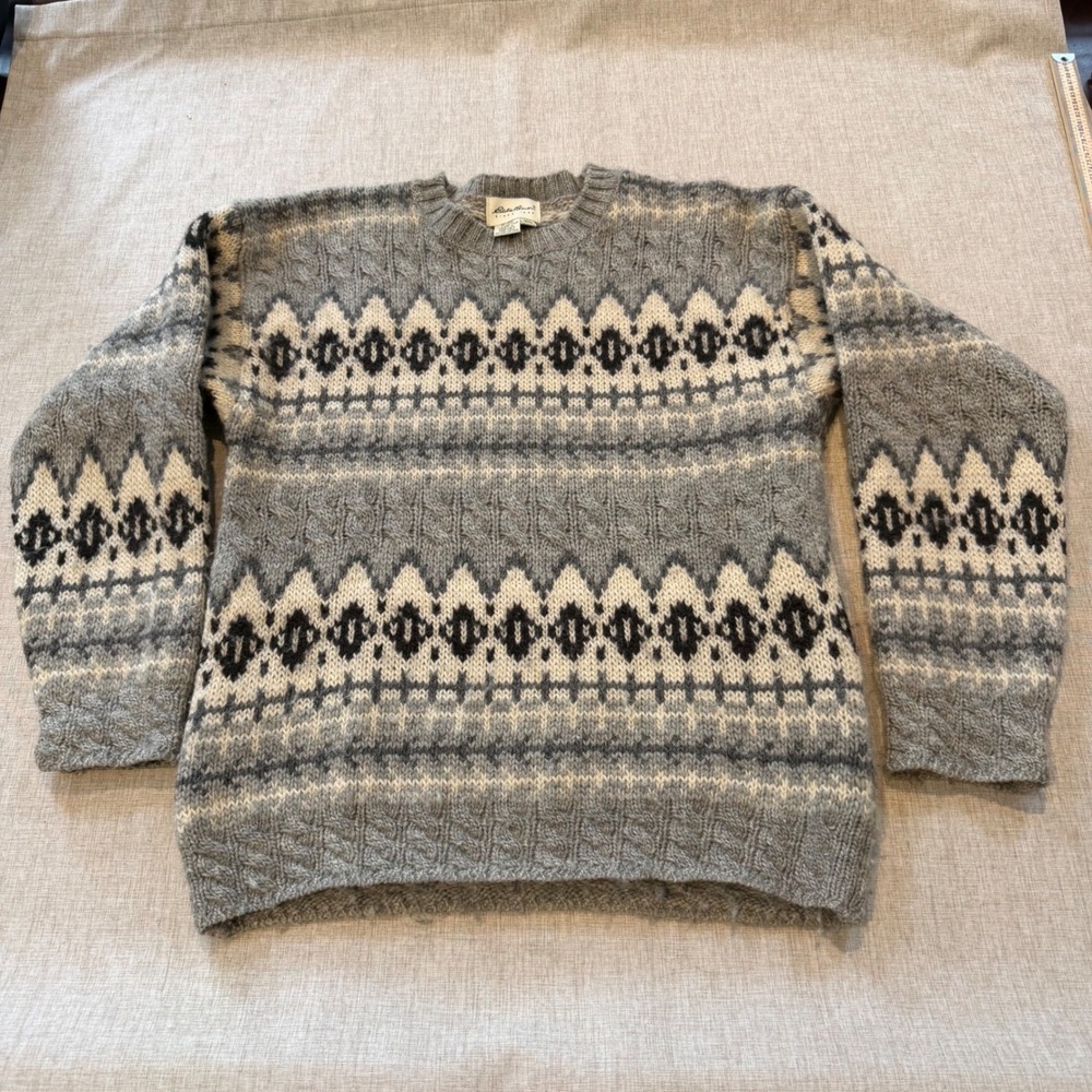 Vintage Eddie Bauer 100% Wool Sweater Mens Medium Chunky Knit Fair Isle Cable